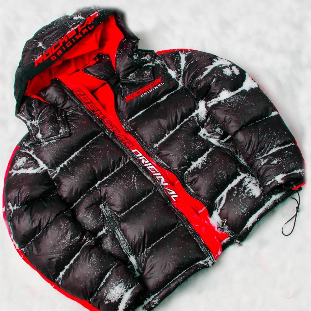 Rockstar Original Men's puffer jacket in cleanest black. Featuring embroidered